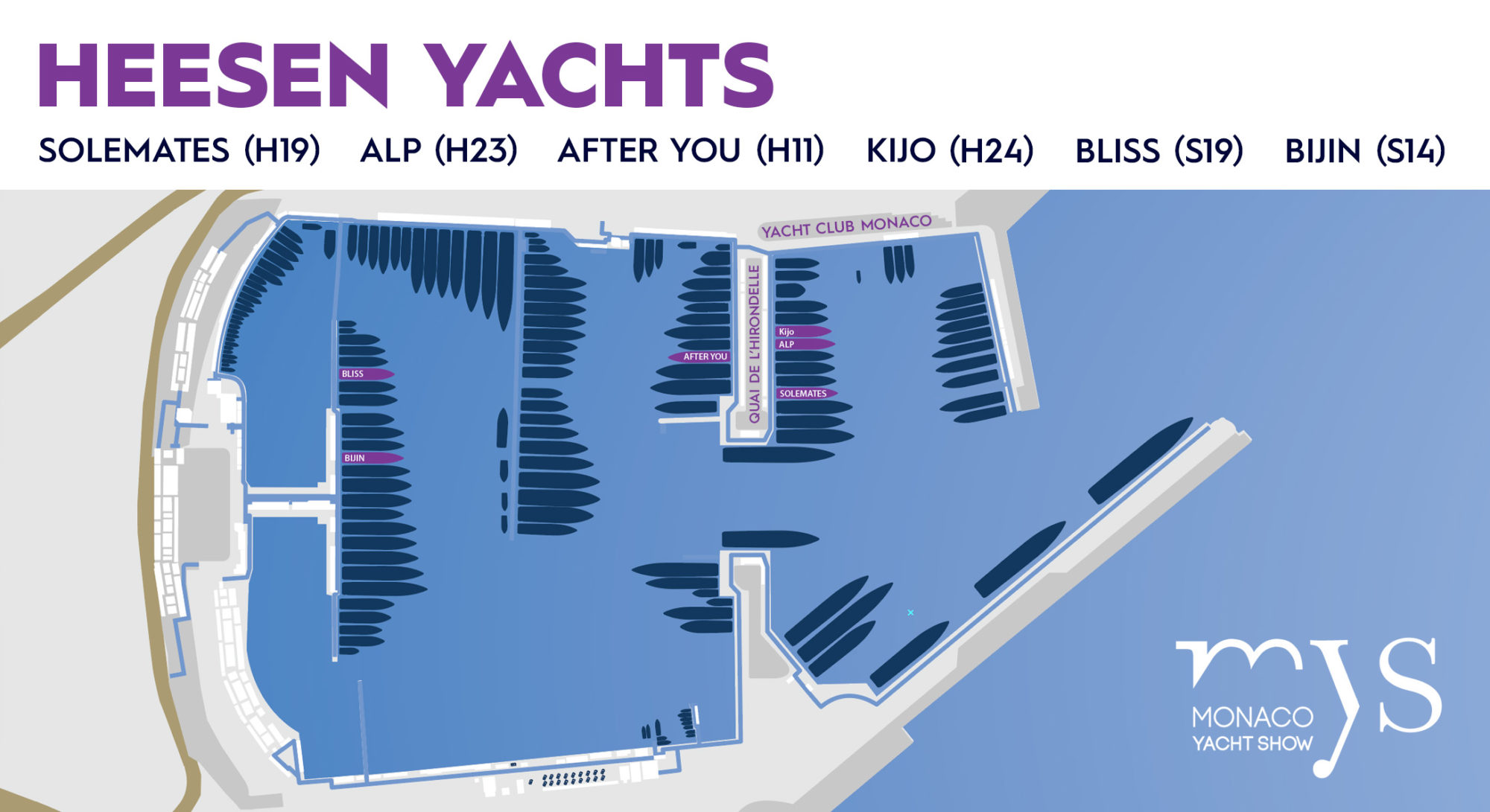 A map of the Monaco Yacht Show featuring Heesen Yachts with marked locations for yachts named Solemates (H19), ALP (H23), After You (H11), Kijo (H24), Bliss (S19), and Bijin (S14). The map shows various docked yachts and the Yacht Club Monaco area is highlighted.