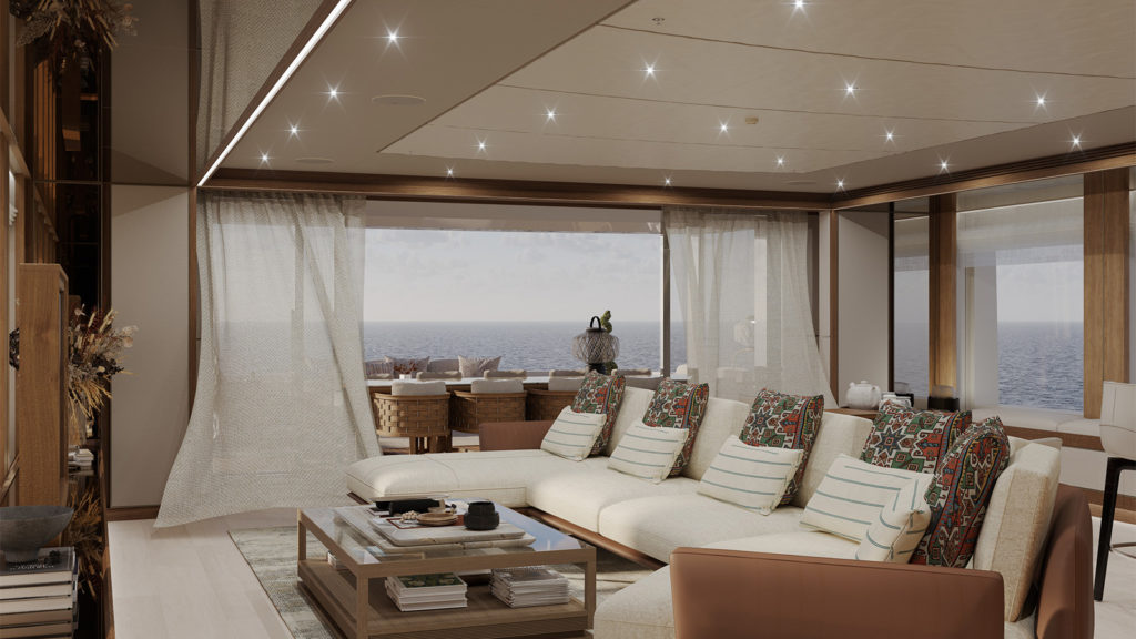 A luxurious living room aboard a yacht, featuring a large cream-colored sectional sofa with patterned pillows and a glass coffee table. The room has a modern design with recessed ceiling lights, sheer curtains partially open to reveal a view of the ocean.