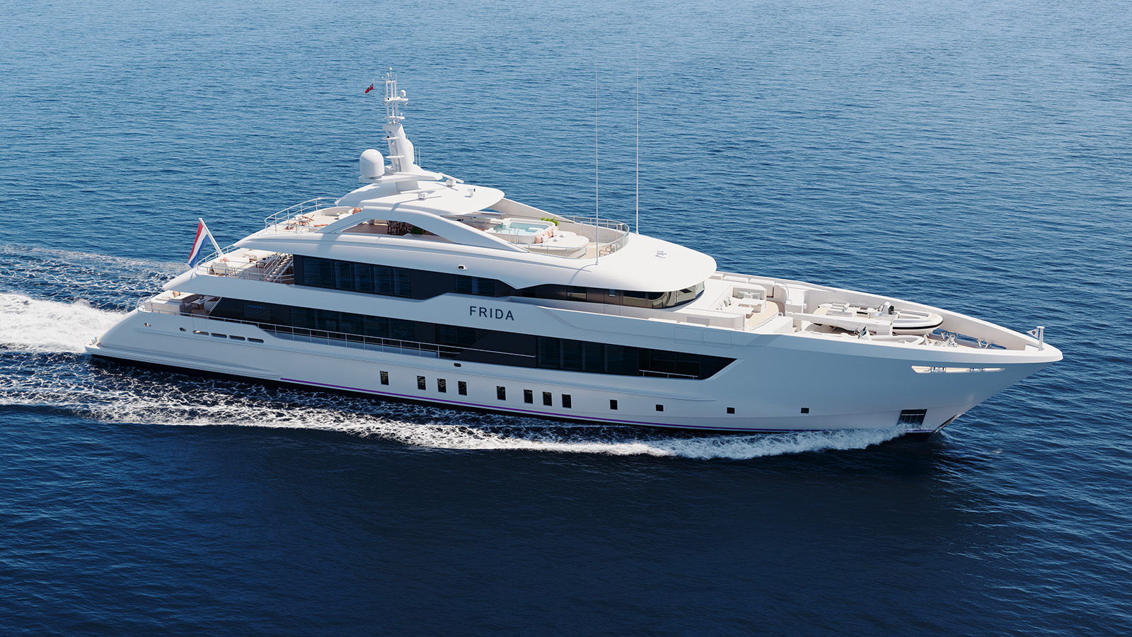 A luxury yacht named "FRIDA" cruising on calm blue waters, featuring a sleek white design with multiple decks, a flagged flag at the stern, and a spacious outdoor area on the top deck.