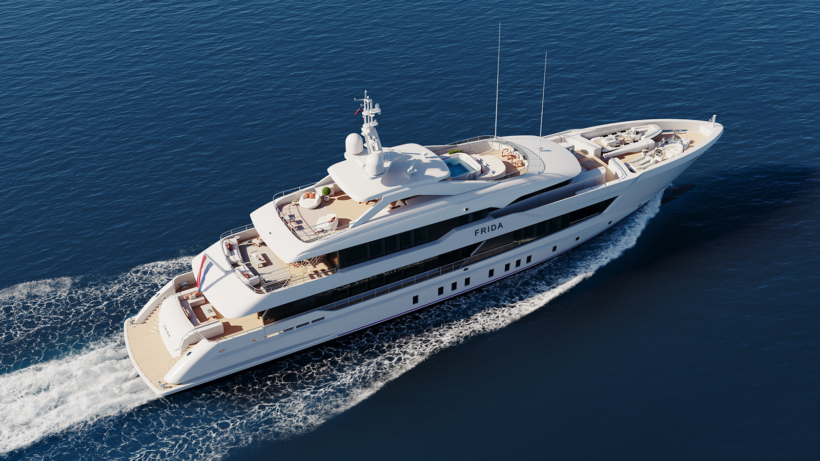 A luxury yacht named 'Frida' cruising on a calm blue sea, featuring multiple decks with seating areas and a small pool.