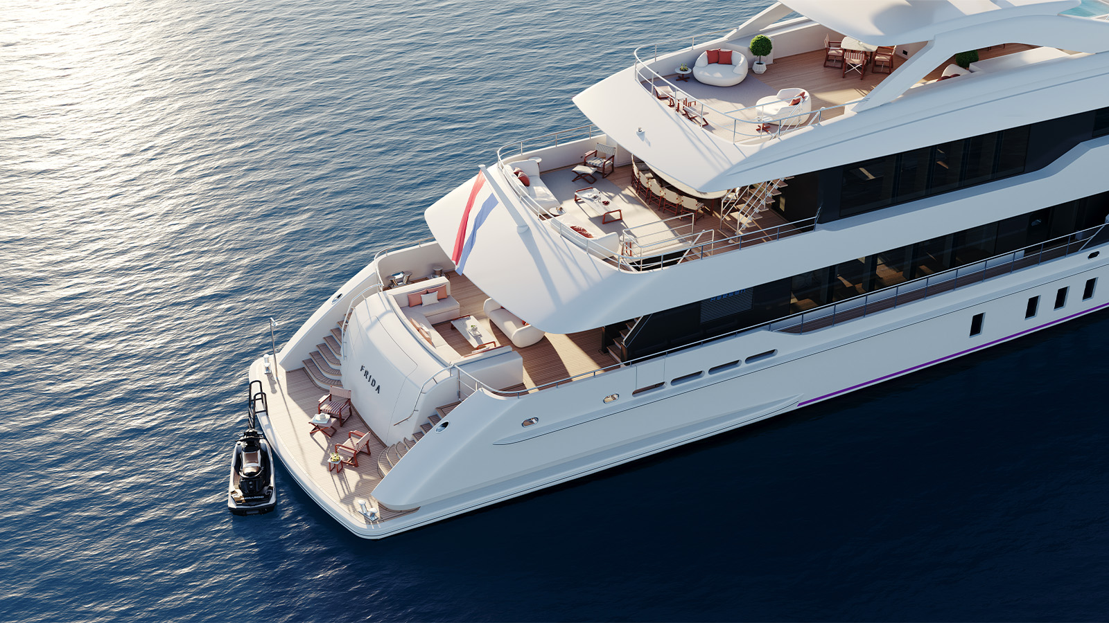 An aerial view of a luxury yacht named 'Frida' on a calm body of water, featuring multiple deck levels with sun loungers and seating areas, and a smaller boat docked at the rear.