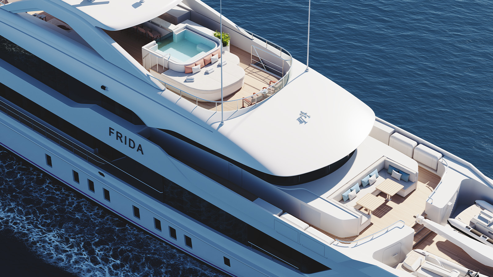 A luxurious yacht named Frida cruising through blue ocean waters, featuring multiple decks with a hot tub, sun loungers, and seating areas.