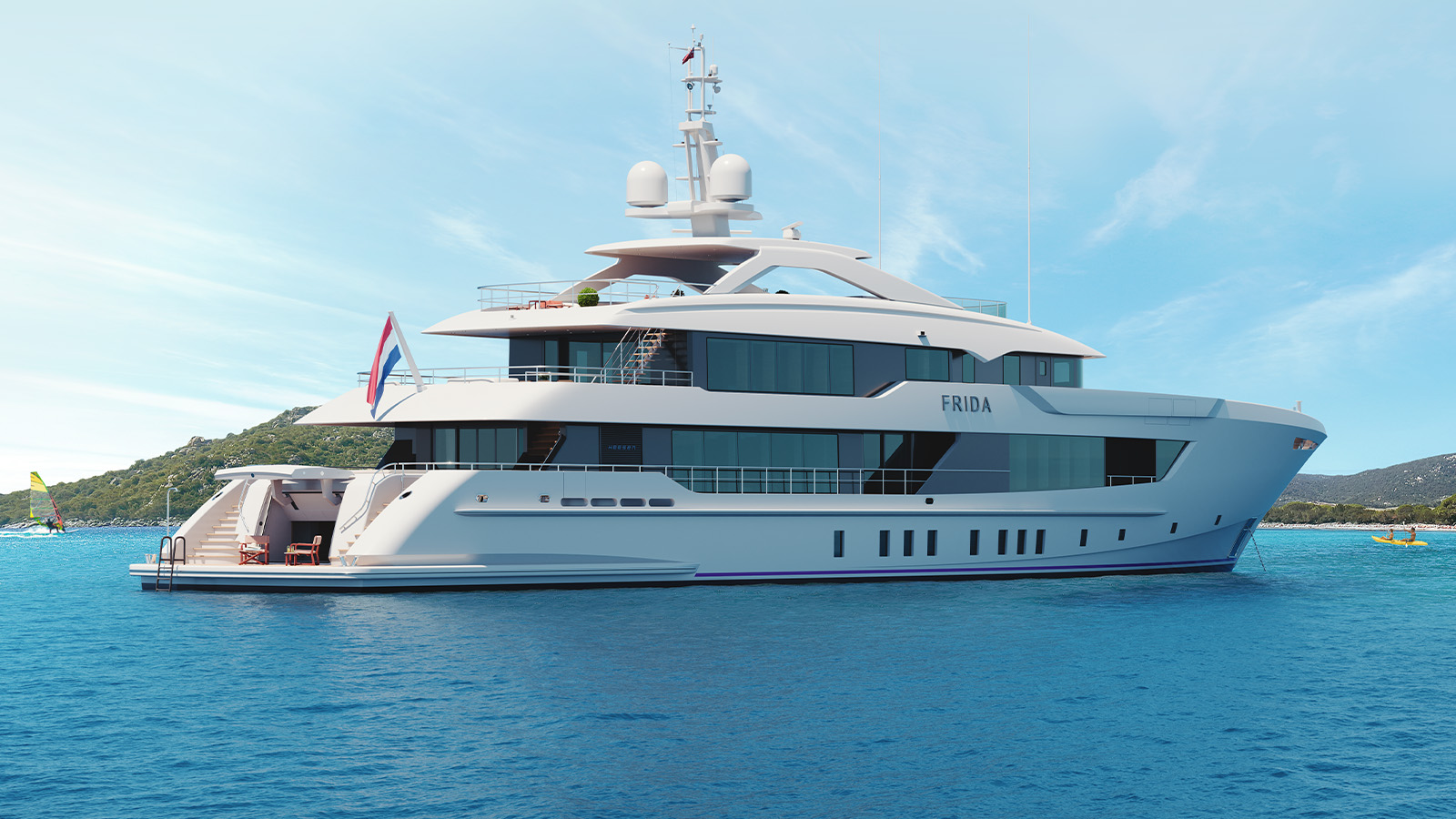 A luxury yacht named 'Frida' anchored in the blue ocean with a scenic view of hills in the background. The yacht has a sleek, modern design with multiple decks, large windows, and a flag at the back.
