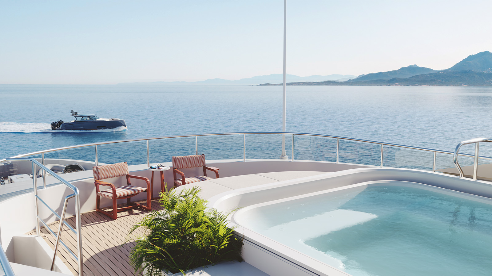 A luxurious yacht deck featuring a pool, two armchairs, and a small table set against a serene sea backdrop with a motorboat in the distance and mountains on the horizon.