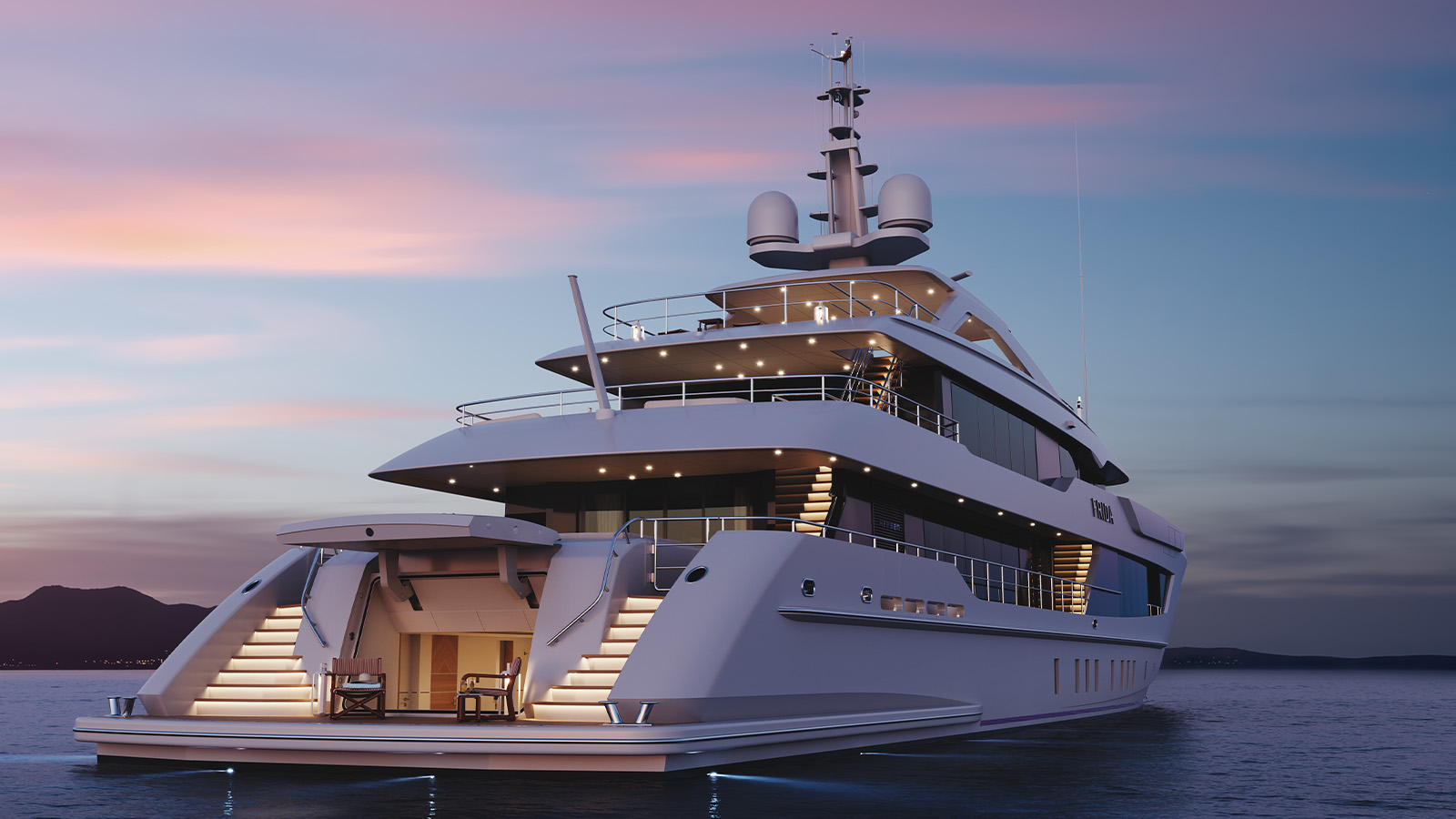 Luxurious yacht illuminated by lights, moored at dusk with a view of distant hills across the water.