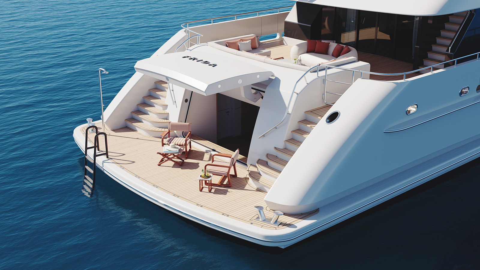 Rear view of a luxury yacht with outdoor seating and twin staircases leading to the water.