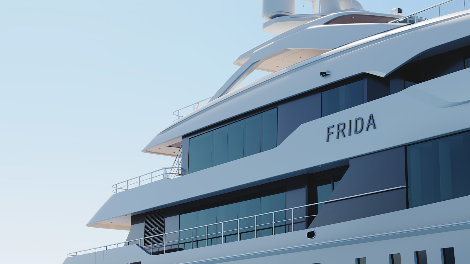 Close-up view of the upper decks of a yacht named Frida, featuring large windows and sleek railings against a clear sky.
