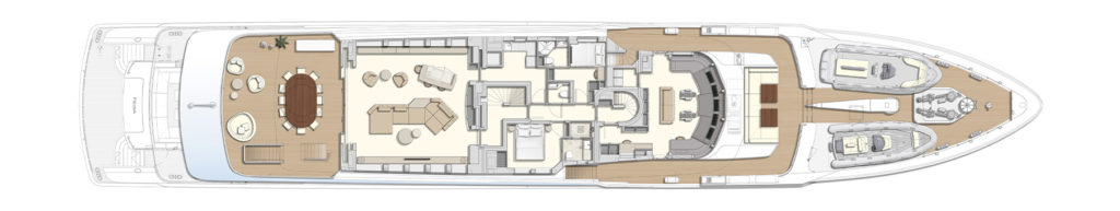 Floor plan of a yacht's deck, featuring multiple sections including seating areas, dining space, bedrooms, and a control area. The layout shows furniture arrangement and the overall spatial organization of the yacht.