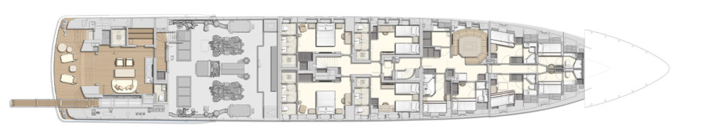 Detailed floor plan of a yacht's lower deck, showing several cabins, a lounge area, and an engine room. The layout includes multiple bedrooms with adjoining bathrooms, a central hallway, and an aft balcony area with seating. The engine room is located towards the back of the yacht.