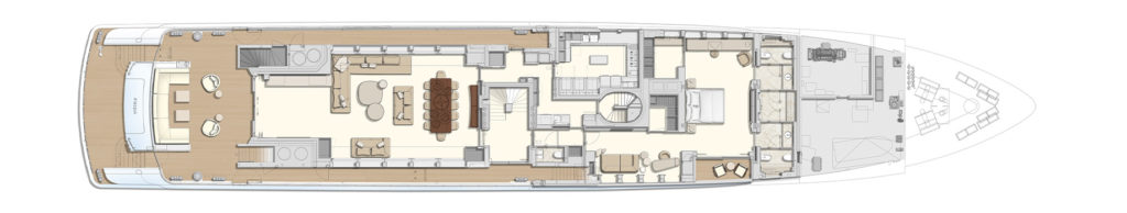 A detailed floor plan of a luxury yacht showing various rooms and amenities, including seating areas, a dining table, a bedroom, bathrooms, and other utilities.