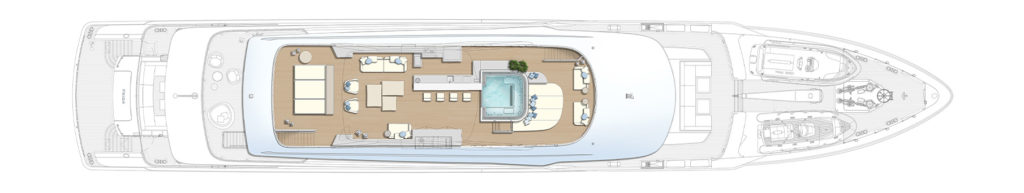 A detailed floor plan of a yacht's upper deck, featuring seating areas, a jacuzzi, and various recreational spaces.
