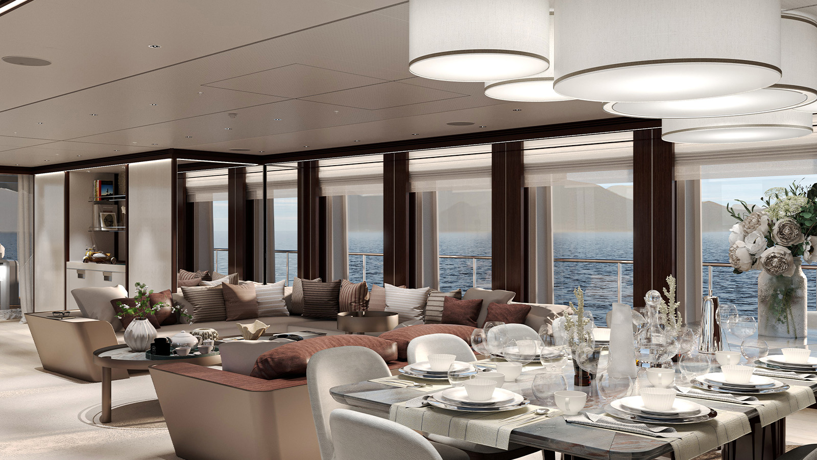 Luxurious yacht interior with elegant dining setup, plush seating area with cushions, large windows offering ocean views, and modern decor elements including vases and pendant lights.