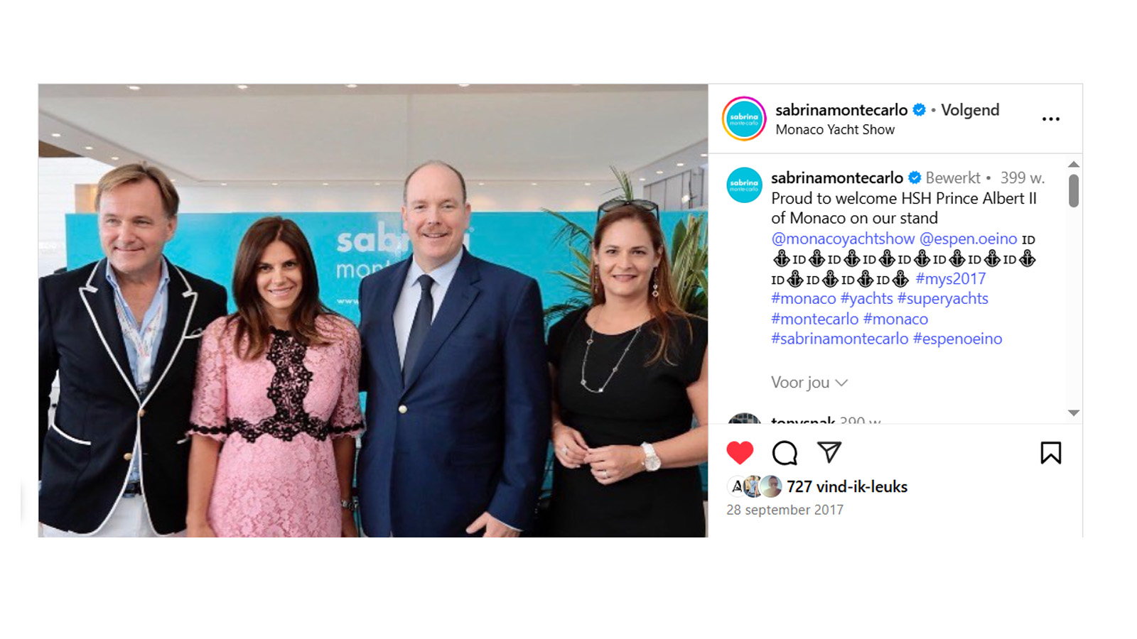 Four people posing together at an event with a blue background that reads 'sabrina montecarlo'; the Instagram caption mentions welcoming a royal figure to the Monaco Yacht Show.