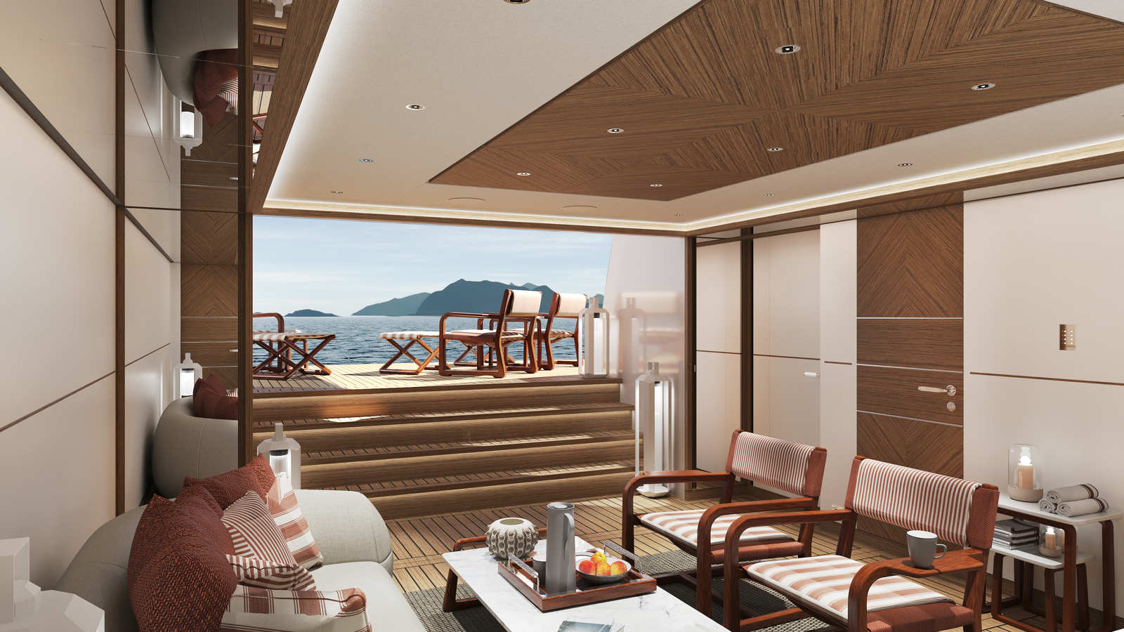 Luxurious yacht interior with wooden paneling, modern furniture, and an ocean view through an open sliding door leading to a deck with seating.
