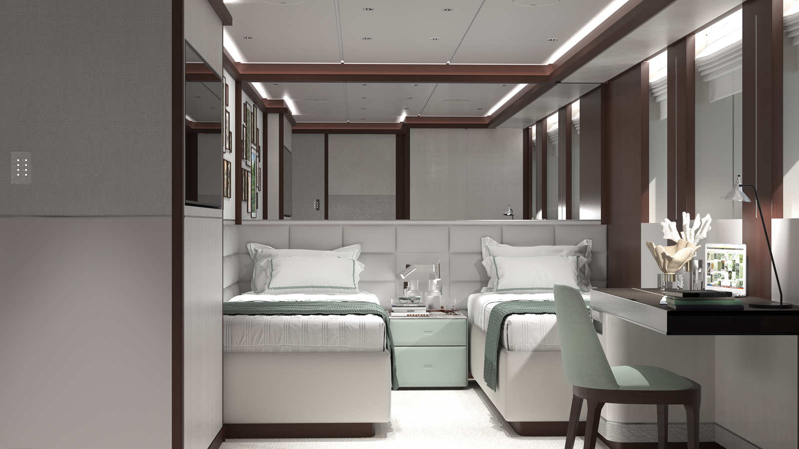 Modern twin bedroom with two single beds, a light green chair at a desk, decorative items, and artwork on the walls.
