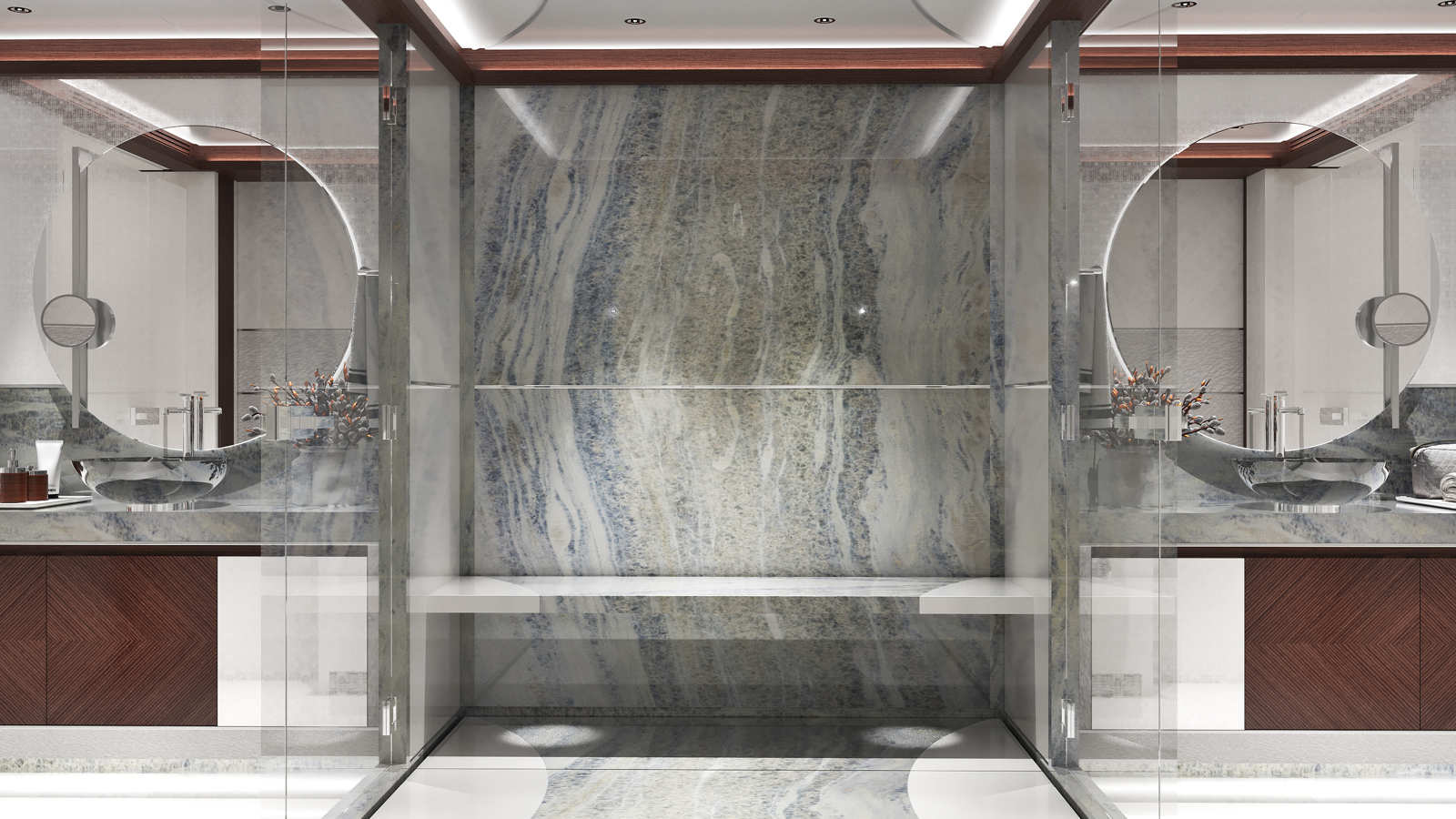 Luxurious bathroom with a large circular mirror, marble walls, modern fixtures, and wooden cabinetry, reflecting a stylish and contemporary design.