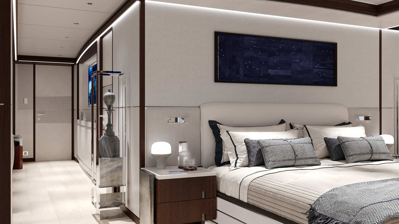 Luxurious bedroom interior with modern decor, featuring a large bed with multiple pillows, a bedside table with a lamp, a tall sculpture in a glass case, and a framed abstract artwork on the wall.