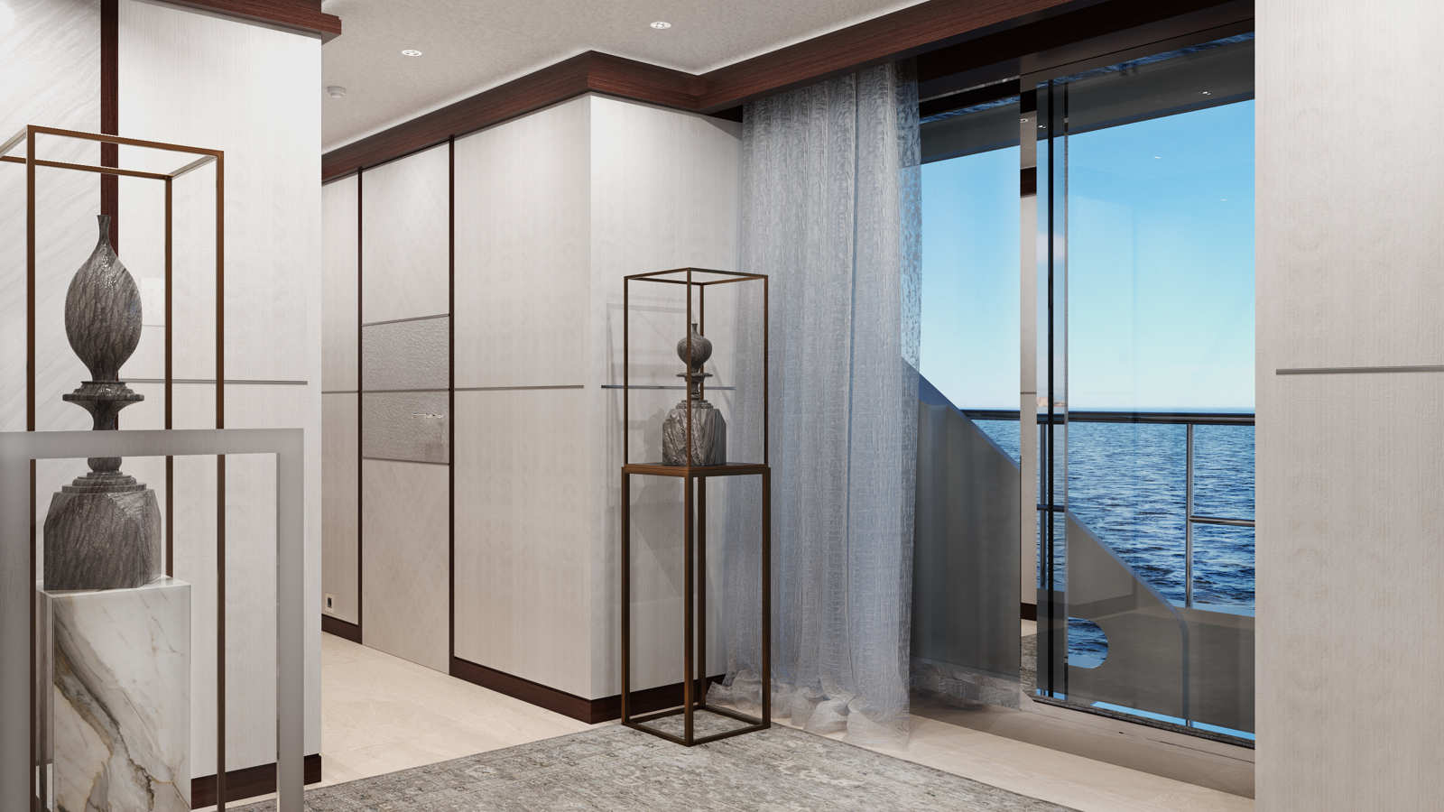 A luxurious yacht interior with elegant decor, featuring a marble pedestal with a sculpture, a glass sliding door, and a view of the ocean.