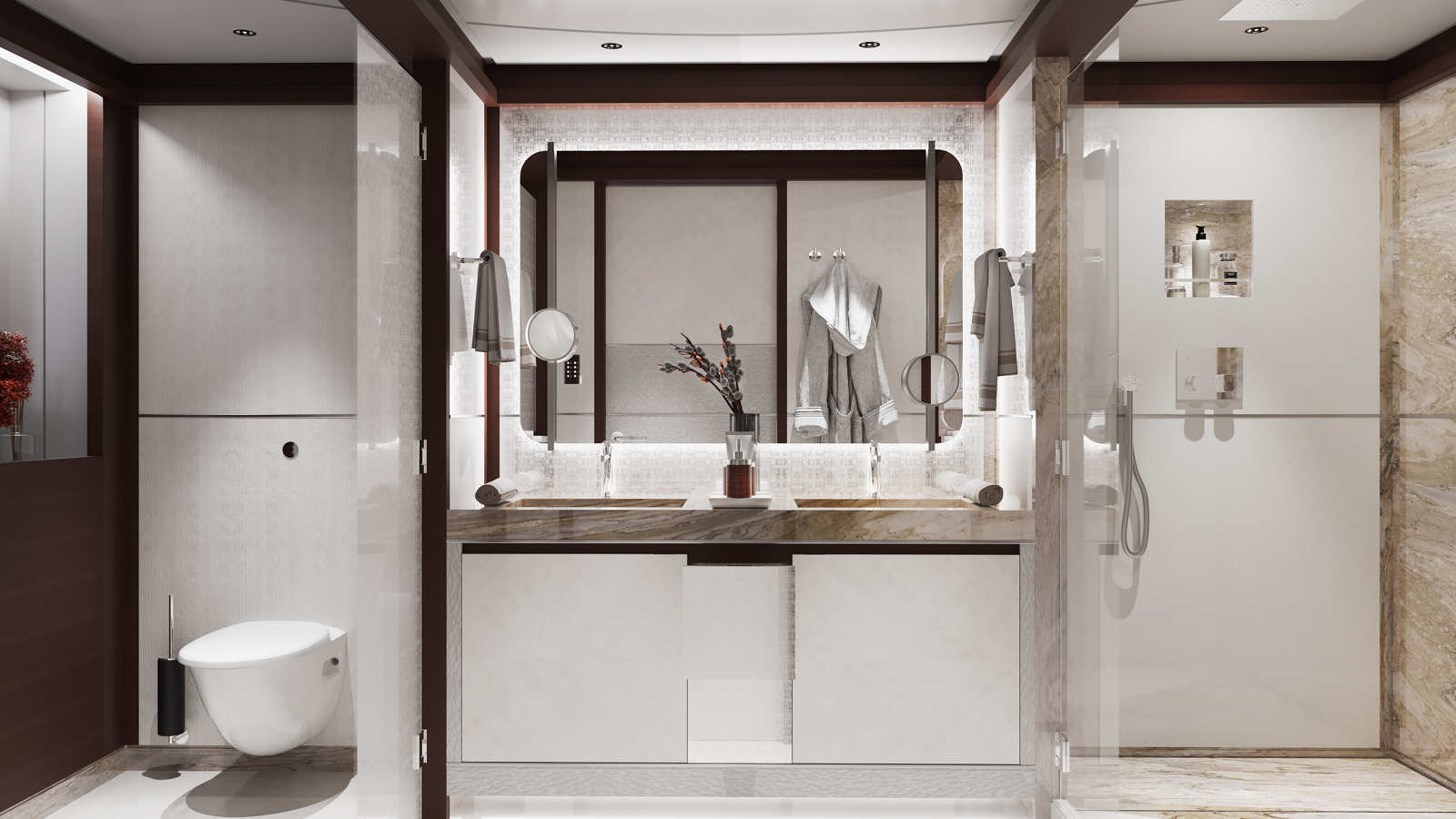 A modern bathroom featuring a large vanity with a double sink, a big mirror, and decorative lighting. There is a wall-mounted toilet on the left and a glass-enclosed shower on the right. The room has a balanced color scheme of white, brown, and beige with marble and wood accents.