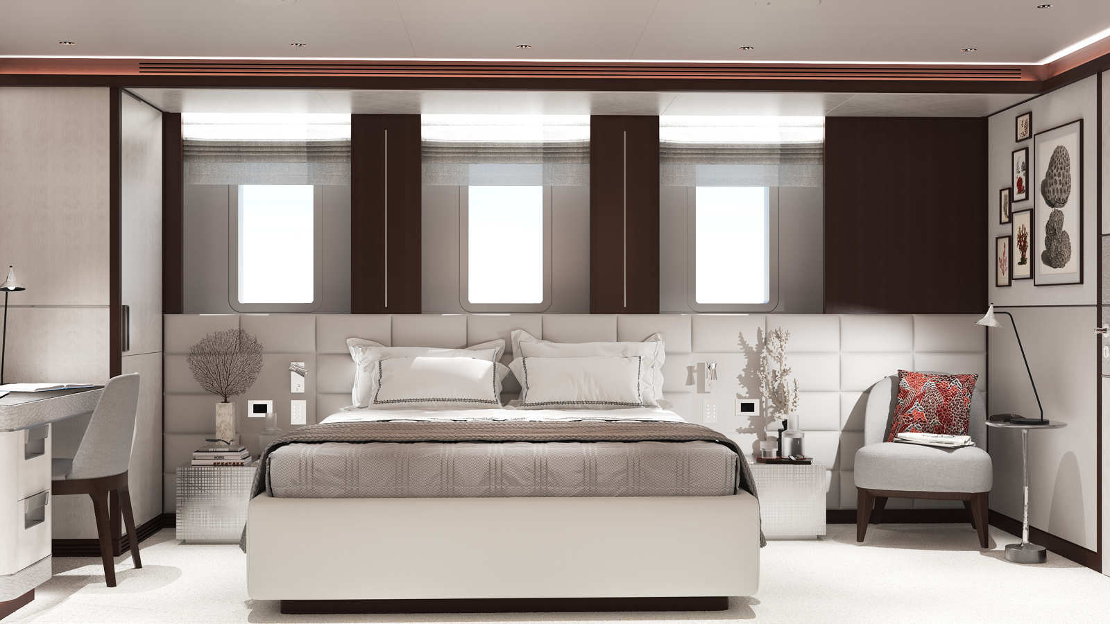 Luxurious bedroom with a large bed, plush headboard, and two windows. The room features modern decor with a neutral color scheme, a workspace with a desk and chair, and art on the walls.